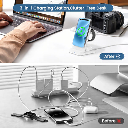 Magnetic Wireless Charger,3 in 1 Portable Charger Charging Station Compatible for iPhone 17 16e 16 15 14 13 12 11 X Pro Max & iWatch-Wireless Charging Dock for AirPods 4 3 Pro,White
