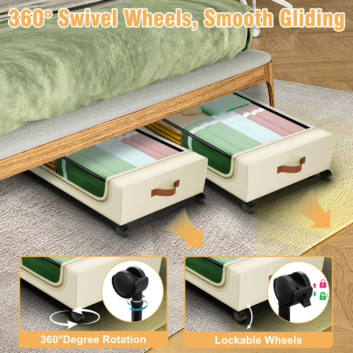 Under Bed Storage with Wheels, 2-Pack Under Bed Storage Containers with Clear Lids, Under the bed storage Organizer Bins, Rolling Under Bed Metal Drawer for Clothes,Shoes,Toys (White, 4Pack)
