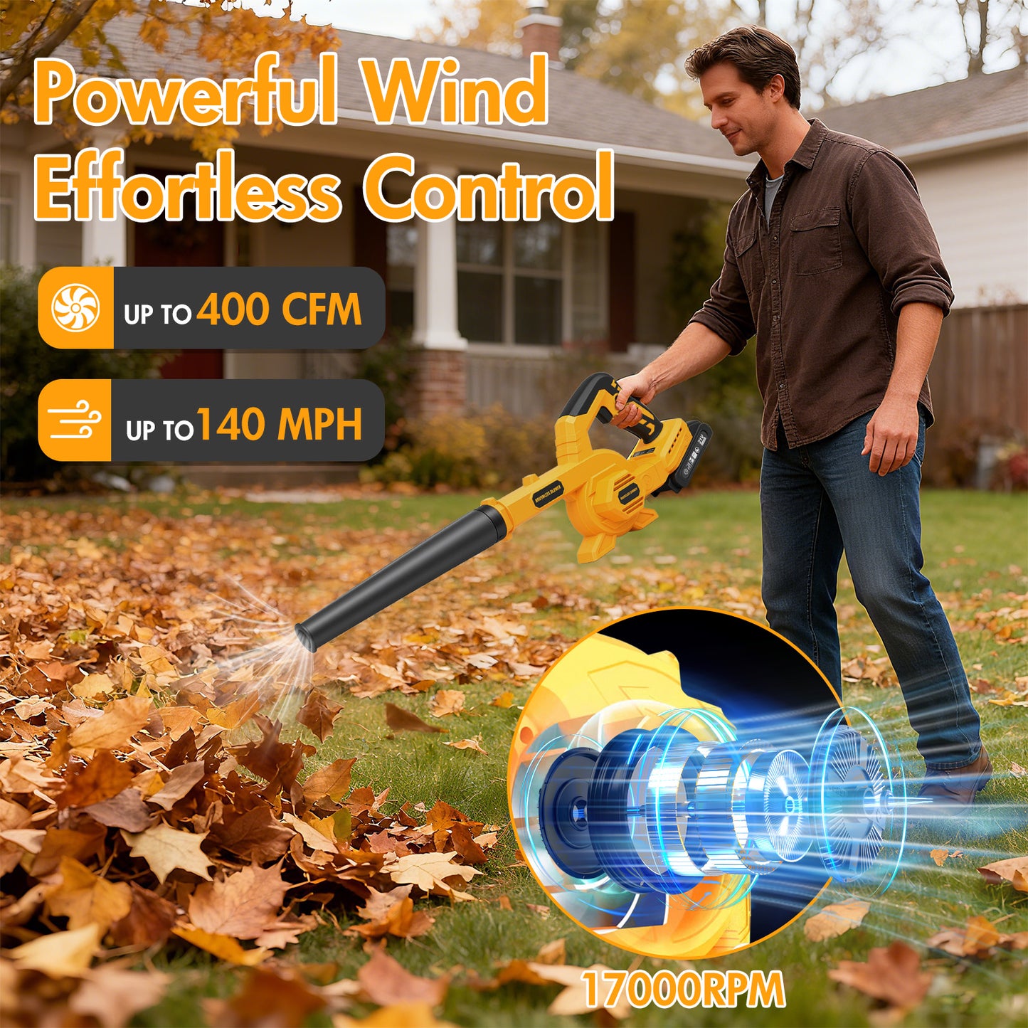 Leaf Blower Cordless with 2¡Á 2.0Ah Batteries and Charger, Variable Speed Switch, Lightweight Battery Powered Blowers for Lawn Care, Yard, Patio Cleaning, Blowing Leaves & Dust, Yellow