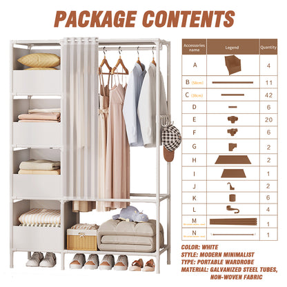 Clothing Rack for Hanging Clothes with Shelves, Portable Closet System Organizer Garment Rack for Clothes Storage, Metal Free Standing Wardrobe Clothes Organizer, White