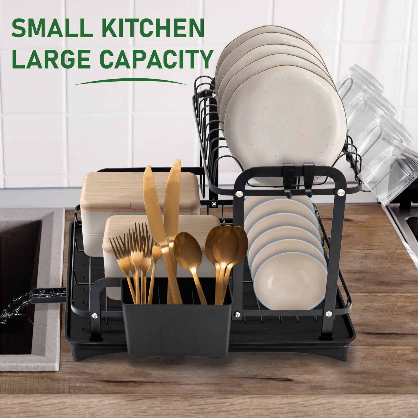 2-Tier Dish Rack for Kitchen, Dish Drying Rack with Drain Board Tray, Compact Dishing Rack with Utensil Holder, Cutting Board Holder, Kitchen Dishes Storage and Organizers