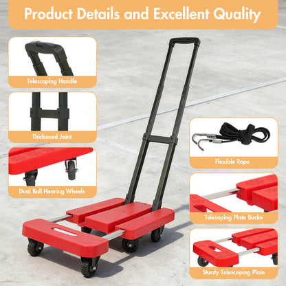 BAOKALER Folding Hand Truck, Heavy Duty Dolly Cart, Push Dolly Cart Foldable Platform with 6 Wheels, Red