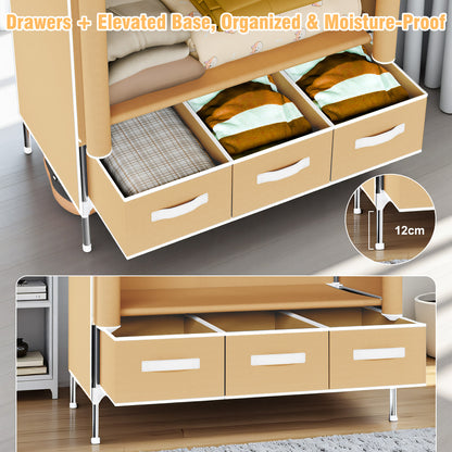 Non-Woven Fabric Closet Organizer for Coats and Bags, Portable Wardrobe Closet Includes 3 Storage Drawers for Home Bedroom, Sturdy & Easy to Assemble, Light Coffee