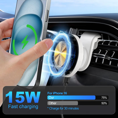 Magnetic Car Mount Charger for Mag-Safe,15W Fast Wireless Car Charger, 360¡ã Rotating Magnetic Phone Holder for Car Air Vent, Compatible with iPhone 17 16 15 14 13 12,Car Accessories,White