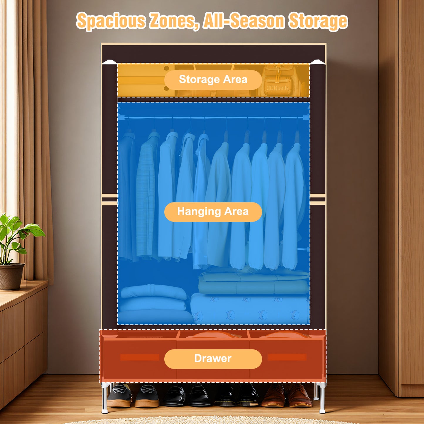 Wardrobe Closet with 3 Storage Drawers for Rentals, Dorms, Bedrooms, 67 Inches Tall hanging Closet Organizers and Storage with Hanging Space for Coats and Bags, Dark Coffee