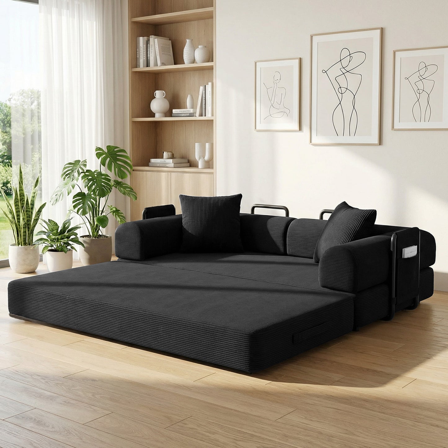 CATGOOD Sectional Couch for Living Room, Convertible Sofa Bed with Soft Corduroy, 78 Inch Modular Futon Couch Free Assembly, Black