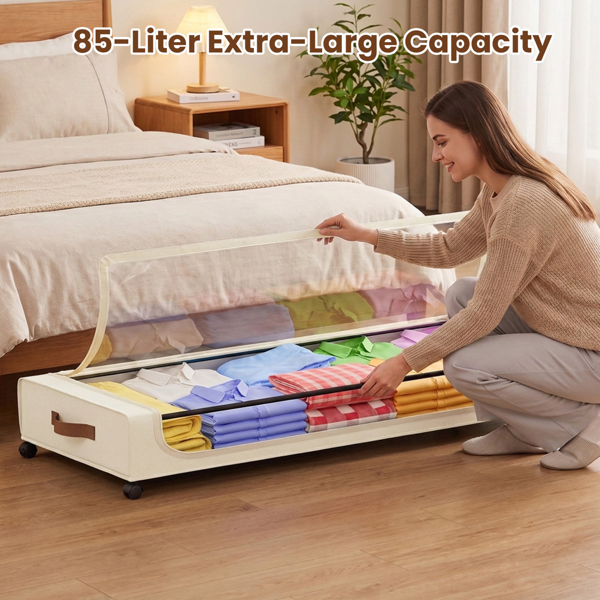 XXL Underbed Storage with Wheels, 2-Pack 85L Large Under Bed Storage Containers with Clear Lid, Rolling Under Bed Storage for Clothes, Shoes, Blankets (Beige)