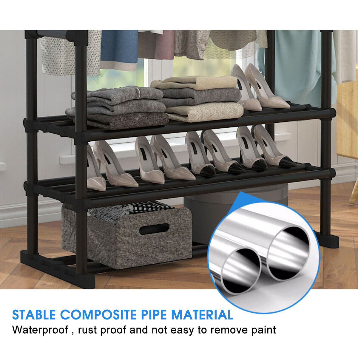 3 Tiers Double rails Hanging Garment rack on Wheels with Bottom Shelves for Shoes, Black
