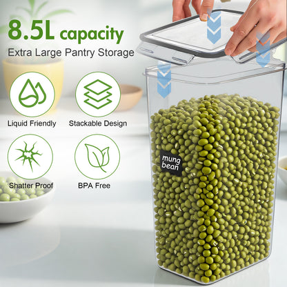 8.5L/287Oz Airtight Cereal Container Flour Storage with Lids, Extra Large Food Storage Containers Pantry with Measuring Cups, Chalkboard Labels and Marker for Kitchen Organization, 2 Pack