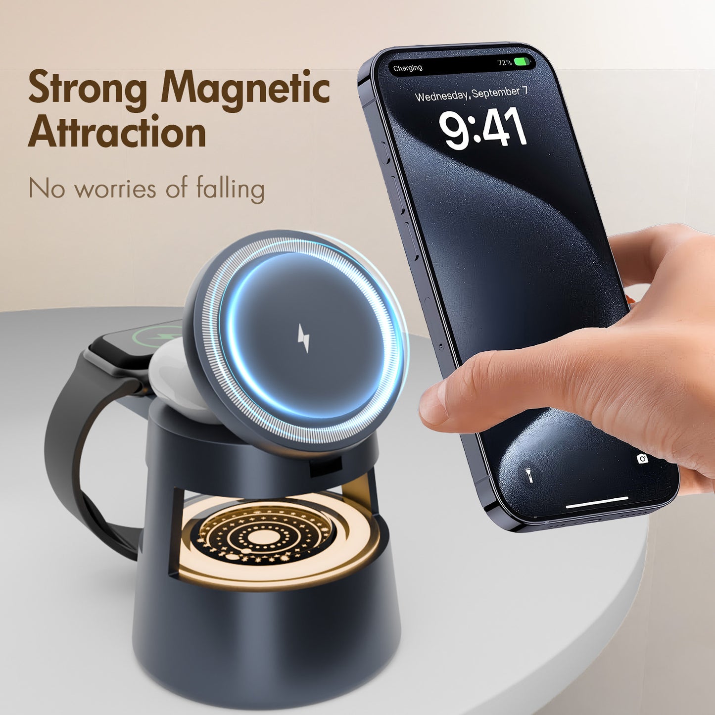 4 in 1 wireless charging station For iPhone AirPods iWatch, Wireless Charger with Mushroom Light for MagSafe Magnetic Charger, 22.5 W Travel Stand,Fast for Multiple Devices