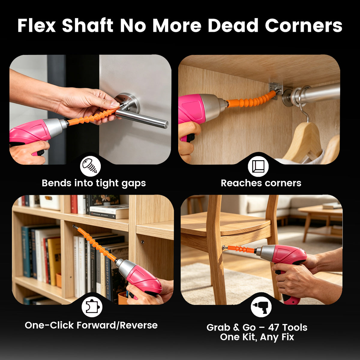 Cordless Power Screwdriver, 47-in-1 Electric Screwdriver Rechargeable Set, Rechargeable 3.7V Cordless Screwdriver with 30 Driver Bits, Power Tool for Office & Home Use, Pink