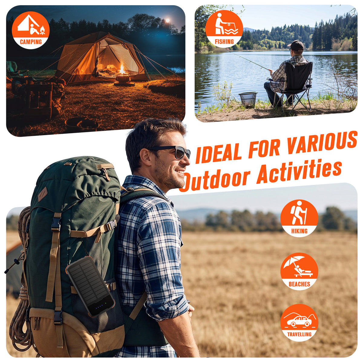 40000mAh Solar Power Bank Orange, Portable Charger 20W PD Fast Charging, Solar Charger Power Bank W/4 Built-in Cables & 9 Charging Ways, Waterproof Dual LED Flashlights for Camping Hiking