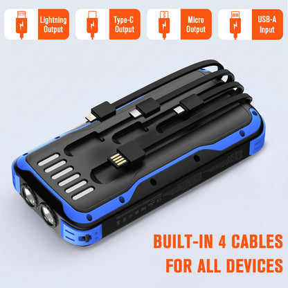 40000mAh Solar Power Bank Blue, Portable Charger 20W PD Fast Charging, Solar Charger Power Bank W/4 Built-in Cables & 9 Charging Ways, Waterproof Dual LED Flashlights for Camping Hiking
