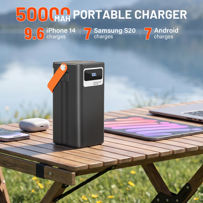 50000mAh Solar Power Bank, 22.5W Fast Charging Power Bank with Built-in Cables, Solar Phone Charger & Solar Battery Charger, 7-Output 3-Input LCD Display, SOS Flashlight for Travel Hiking (Black)