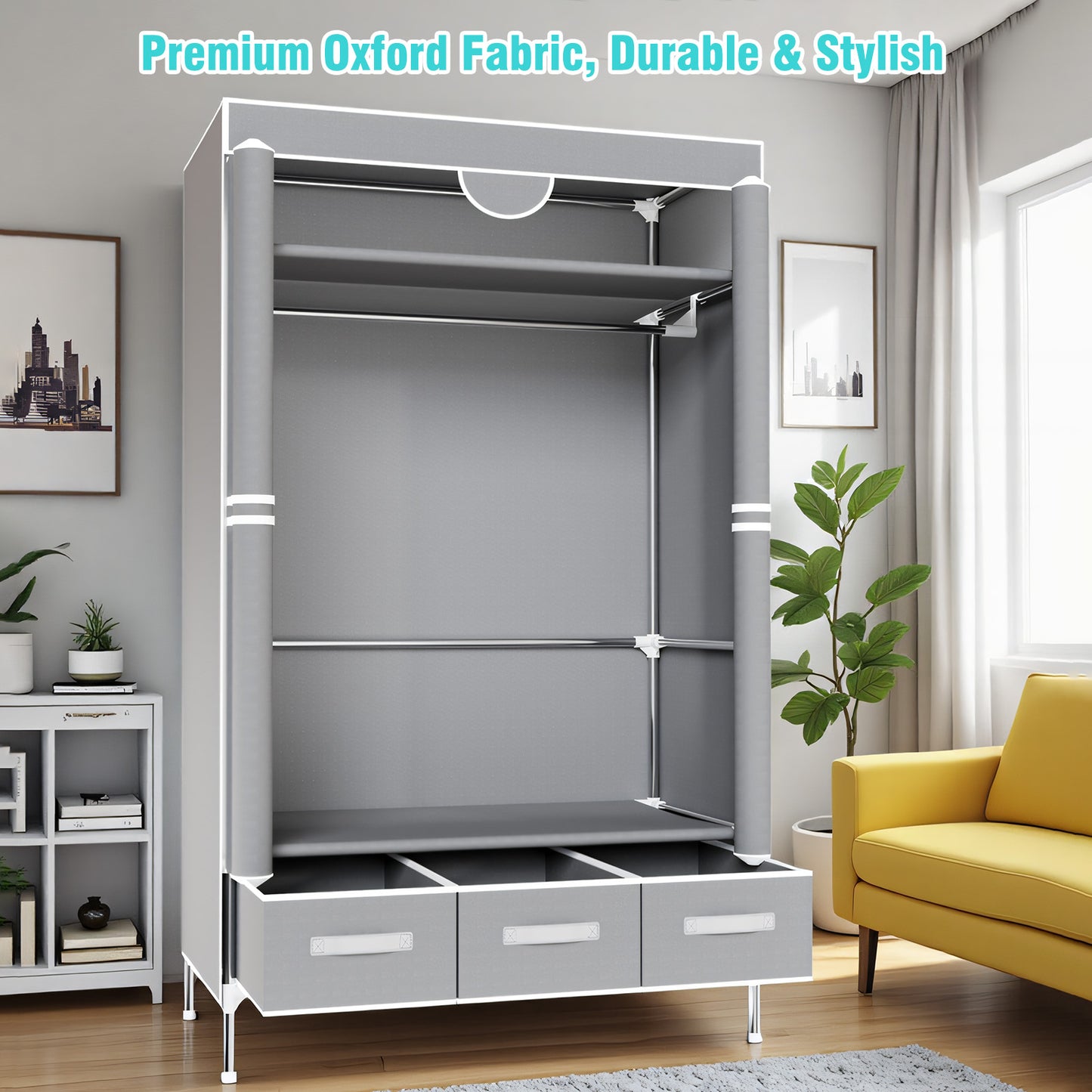Simple & Portable Non-Woven Fabric Wardrobe with Hanging Space for Coats and Bags, Sturdy & Easy to Assemble, Includes 3 Storage Drawers, Ideal for Rentals, Dorms, Bedrooms, Gray