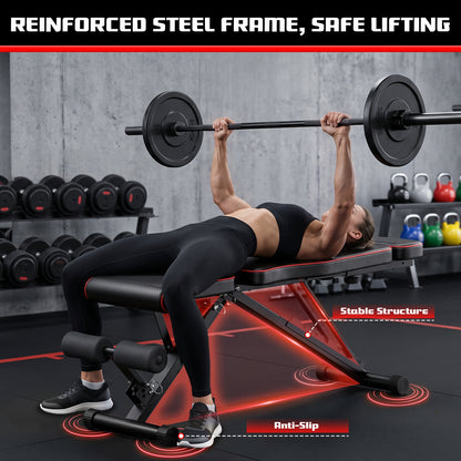 Adjustable Weight Bench with 7 Level Backrest, 4 Level Seat, 3 Level Leg Extension, Foldable Dumbbell Workout Bench for Home Gym, Incline Decline Positions for Full Body Strength Training, Black