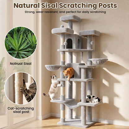 80" Cat Tree, Big Cat Tower for Multiple Adult Cats, Multi-Level Tall Cat Tree with 3 Platforms, 2 Condos, 2 Hanging Basket, Hammock and Scratching Frame for Indoor Kitties, Light Gray