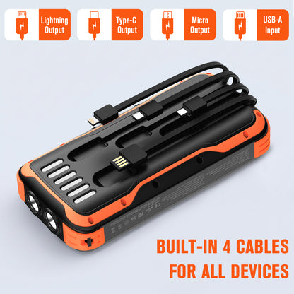40000mAh Solar Power Bank Orange, Portable Charger 20W PD Fast Charging, Solar Charger Power Bank W/4 Built-in Cables & 9 Charging Ways, Waterproof Dual LED Flashlights for Camping Hiking