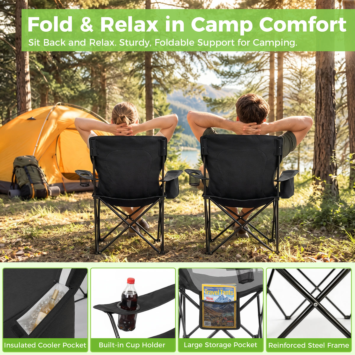 BAOKALER 2 Pack Camping Chair, Foldable Outdoor Lawn Chair with Cup Holder, Cooler Bag & Side Pocket for Backyard, Camping & Beach, Heavy-Duty Steel Frame, Supports 350lbs, Black