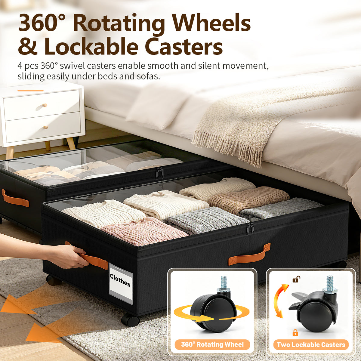 Under Bed Storage with Wheels, 2 Pack Under Bed Storage Containers with Compartments, Underbed Shoe Storage Organizer Bins, Rolling Drawers for Clothes, Blankets, Toys (Black)