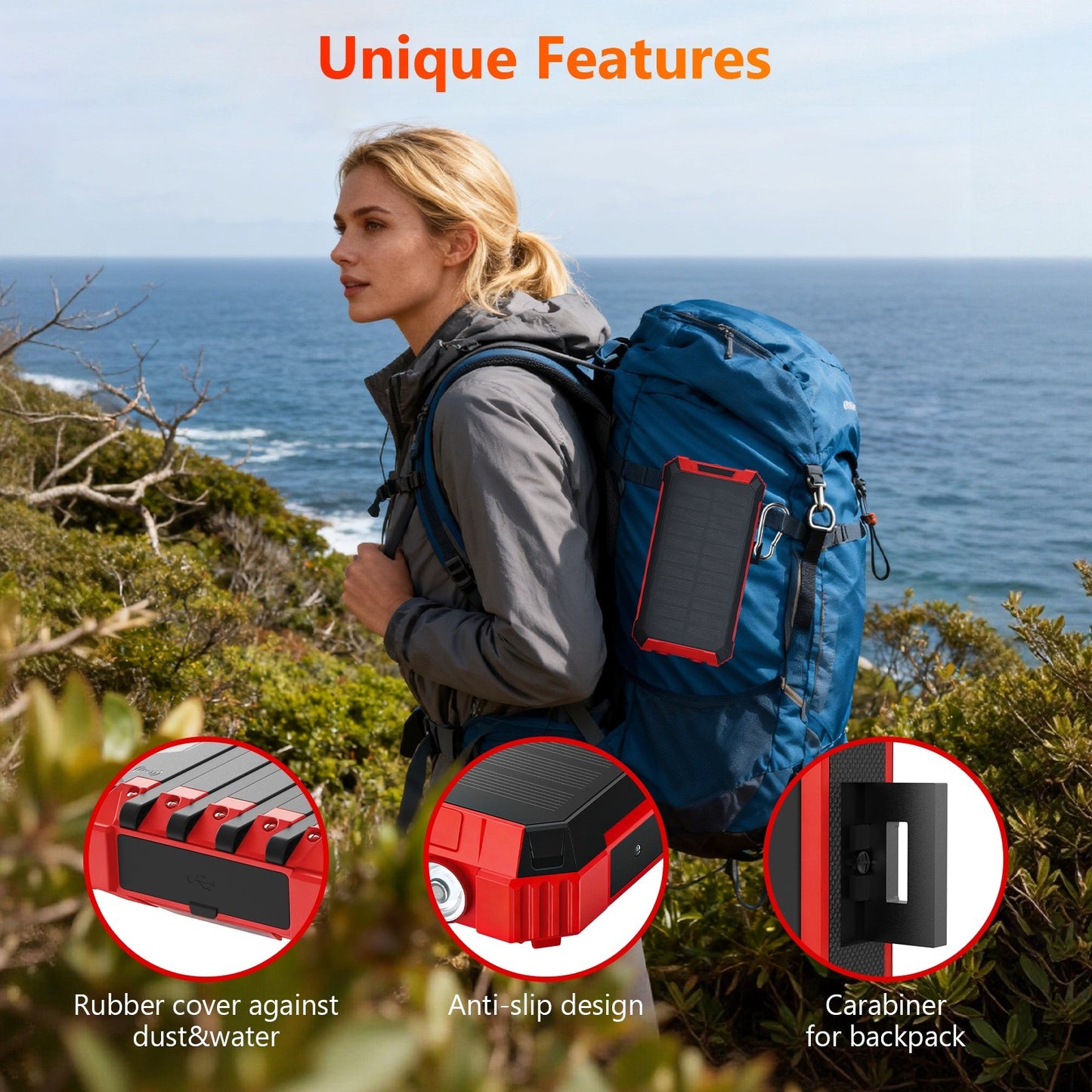 Power Bank Wireless Charger 46800mAh Built in 4 Cables Six Outputs 15W Fast Charging Power Bank for All Mobile Devices Three Inputs Solar Portable Charger with Dual Flashlights, Carabiner(Red)