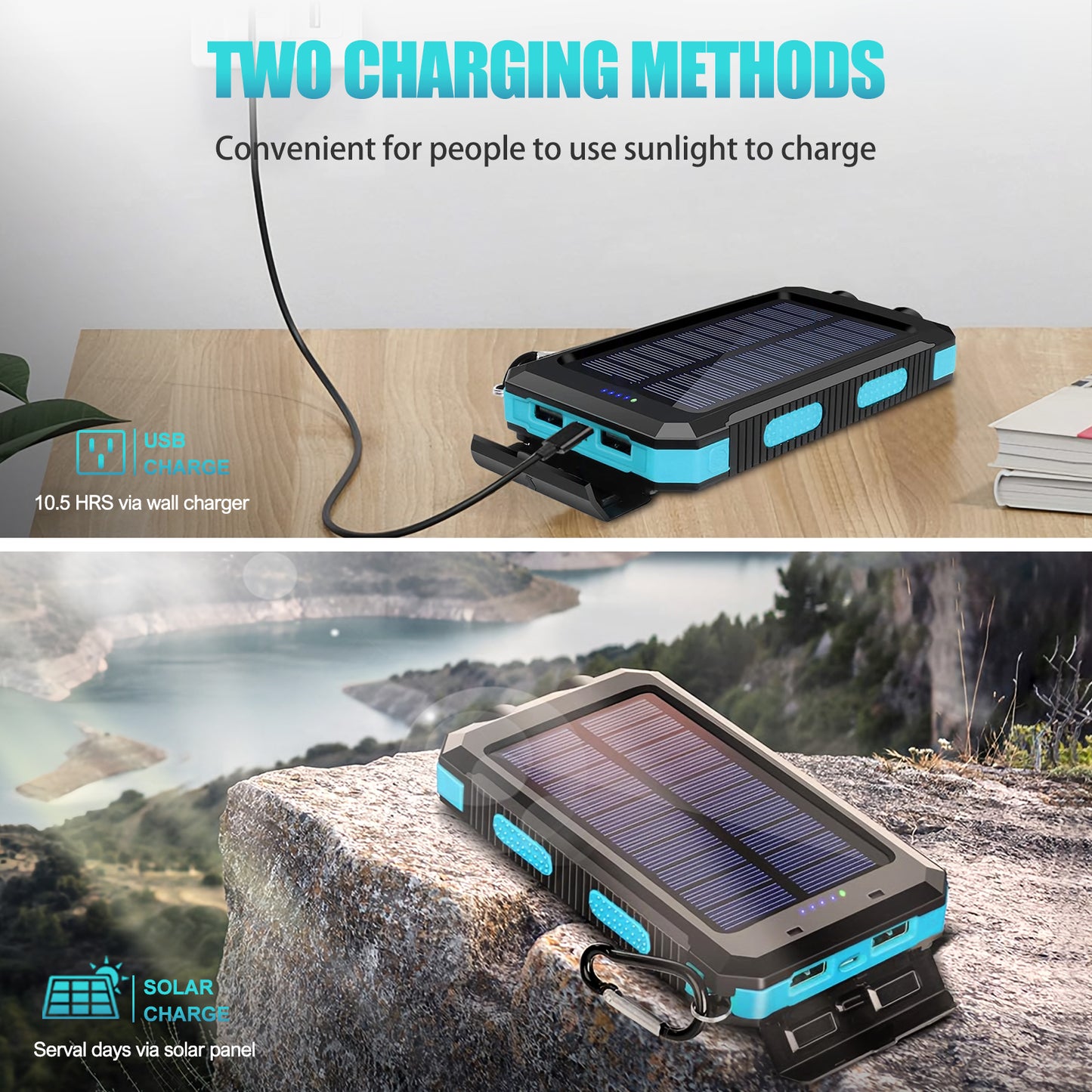CATGOOD 10000mAh Portable Solar Charger for iphone and Android Power Bank with Dual 5V USB Ports for Outdoor Camping Hiking(Blue)