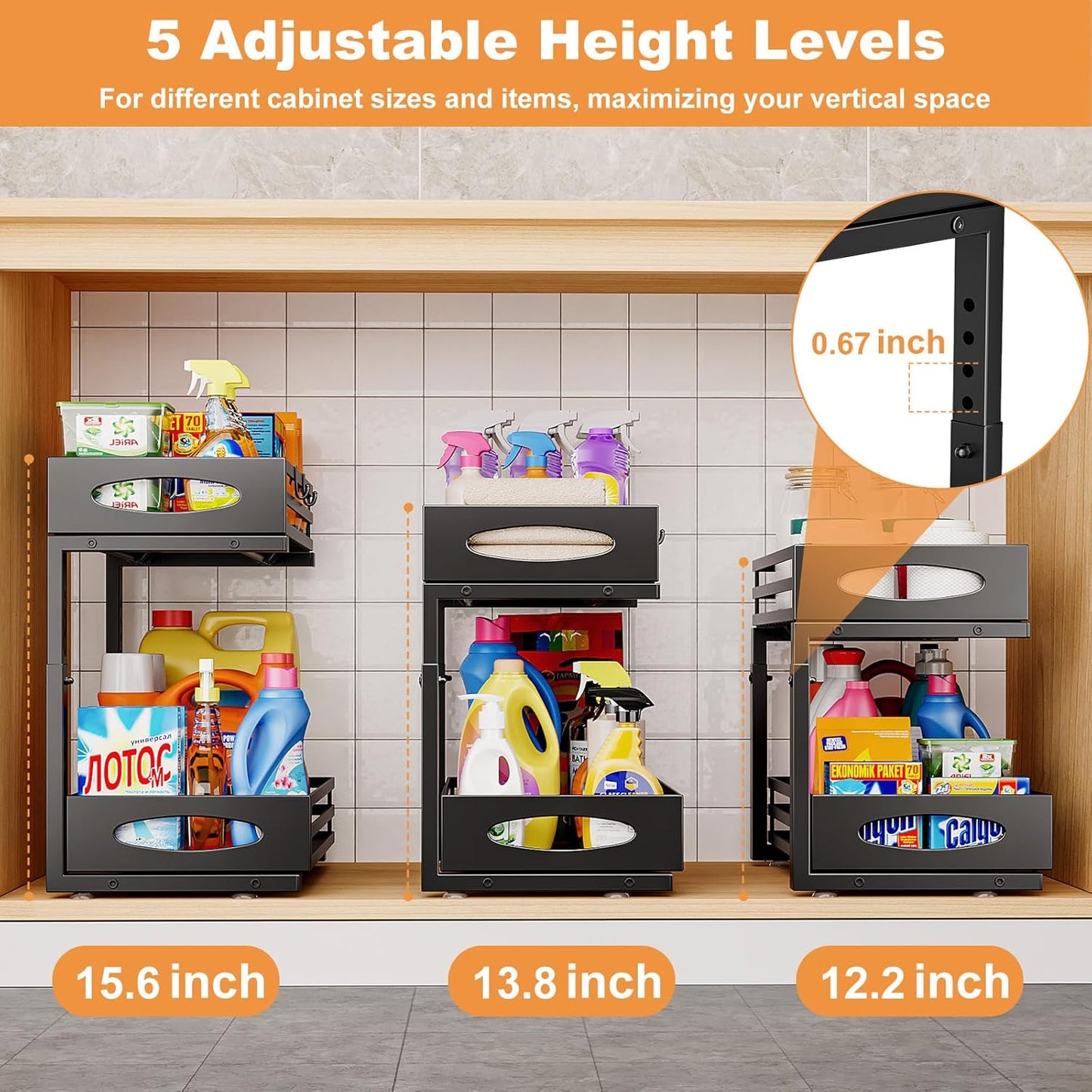 2 PACK Under Sink Organizer, Pull Out Kitchen Cabinet Organizer, 2 Tier Slide Out Steel Under Sink Storage Shelf for Kitchen Pantry Bathroom, Black