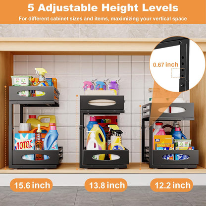 2 PACK Under Sink Organizer, Pull Out Kitchen Cabinet Organizer, 2 Tier Slide Out Steel Under Sink Storage Shelf for Kitchen Pantry Bathroom, Black