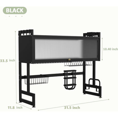Dish Drying Rack, Large Stainless Steel Over The Sink 2 Tier Dish Rack with Cover for Kitchen (Black, Large 33.5" Length)