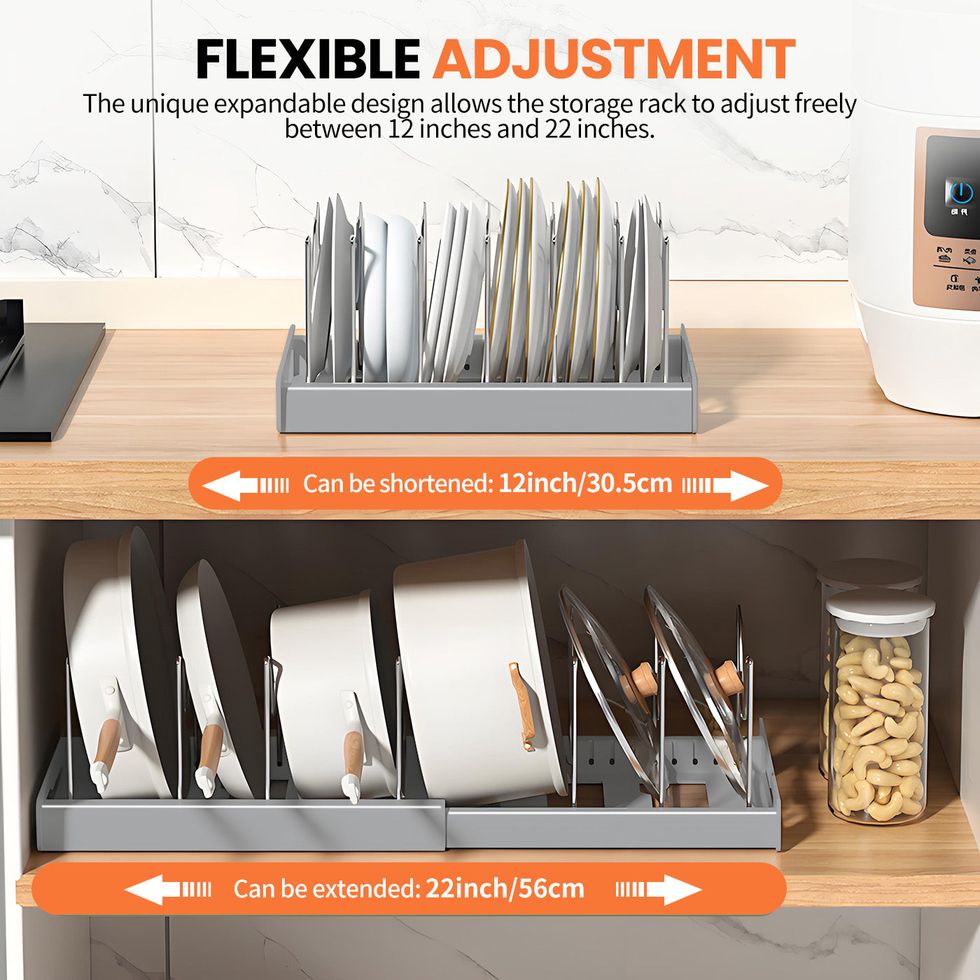 Expandable Pan Organizer with 12 Adjustable Shelves, Multifunctional Pots and Pans Organizer Rack for Kitchen Cabinets, Stainless Steel Pot Rack Lid Holder, Gray