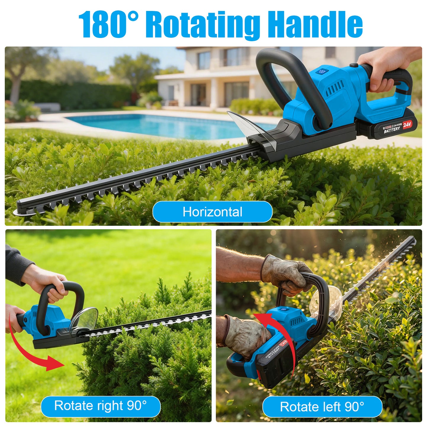 22" Cordless Hedge Trimmer with 180～ Rotatable Head, 21V Electric Bush Trimmer with 2 x 2000mAh Batteries, 1000W 24000r/min Motor, 68Mn Steel Blade for Garden Yard, Blue