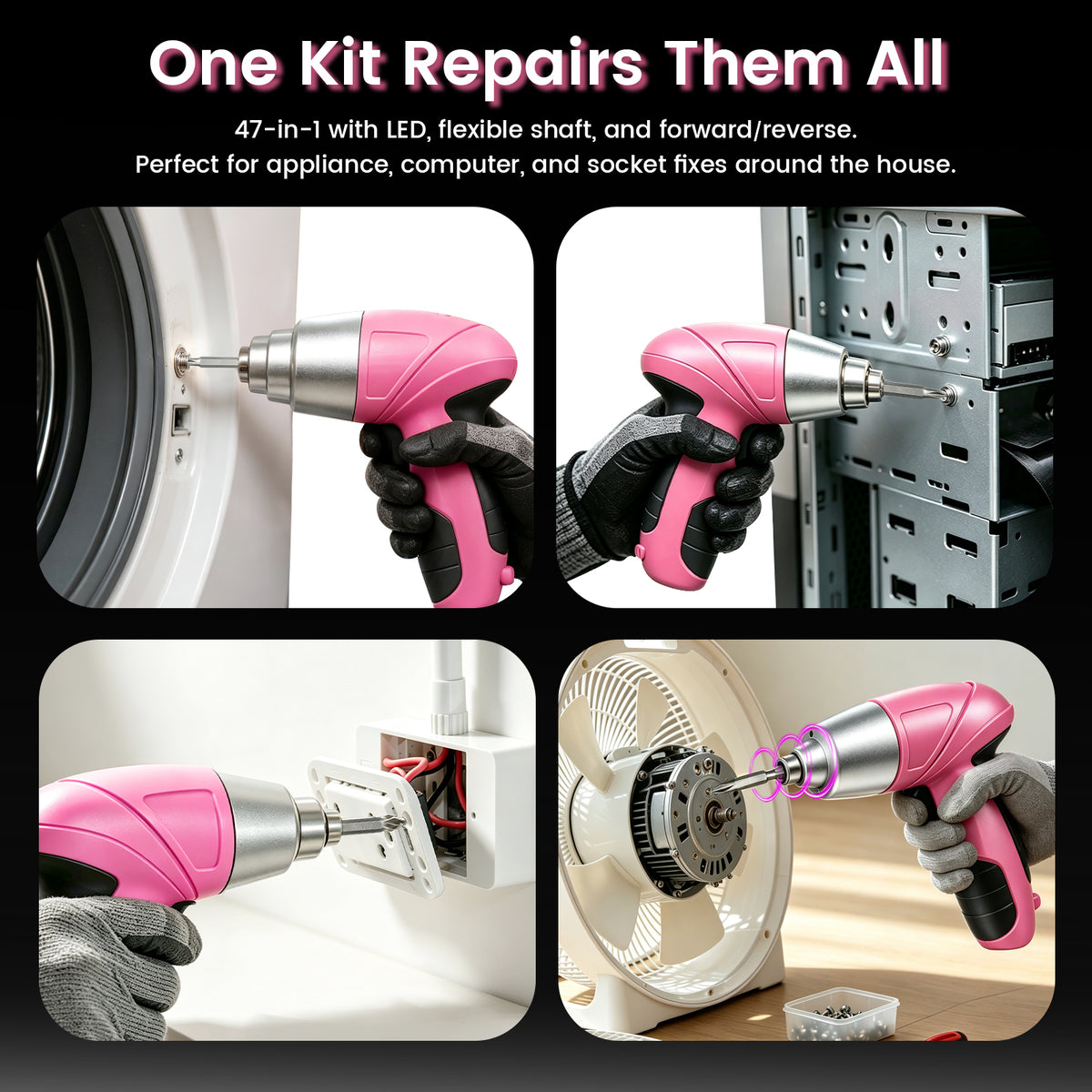 Cordless Power Screwdriver, 47-in-1 Electric Screwdriver Rechargeable Set, Rechargeable 3.7V Cordless Screwdriver with 30 Driver Bits, Power Tool for Office & Home Use, Pink