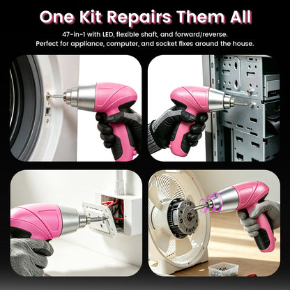 Cordless Power Screwdriver, 47-in-1 Electric Screwdriver Rechargeable Set, Rechargeable 3.7V Cordless Screwdriver with 30 Driver Bits, Power Tool for Office & Home Use, Pink
