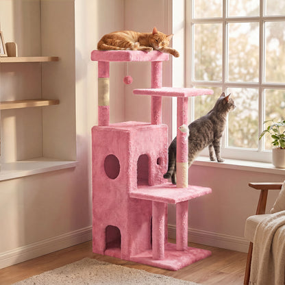 50-inch Pink Cat Tree Tower, Multi-Level Cat Stand with Sisal Scratching Posts & Balls for Playing