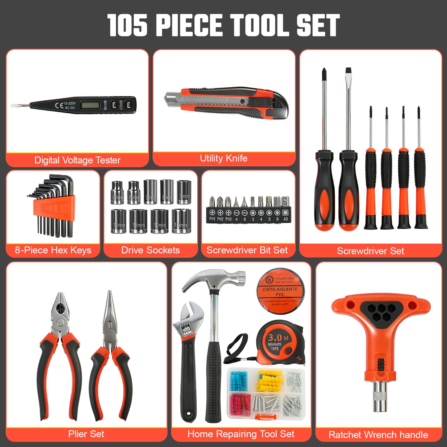 CATGOOD 105 Piece Tool Set, Household Tool Kit with Essential Hand Tools, Auto Repair Tool Set