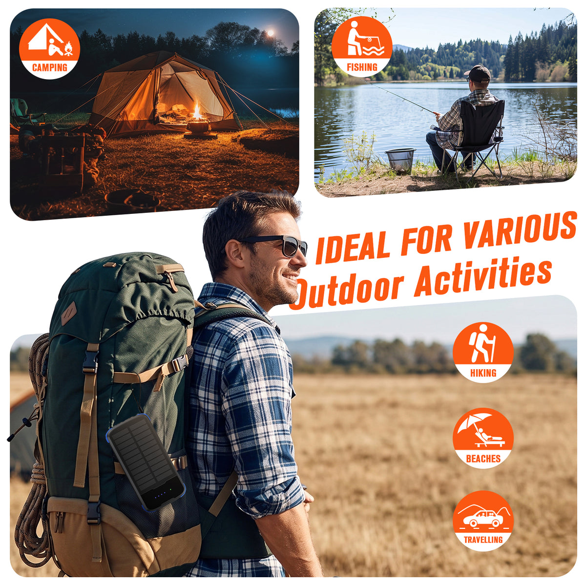 40000mAh Solar Power Bank Blue, Portable Charger 20W PD Fast Charging, Solar Charger Power Bank W/4 Built-in Cables & 9 Charging Ways, Waterproof Dual LED Flashlights for Camping Hiking