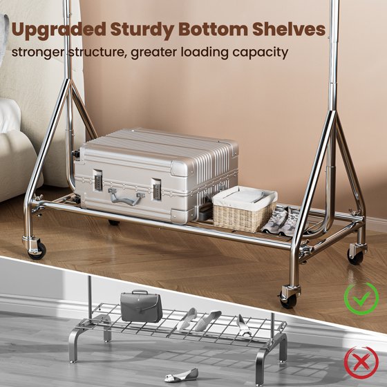 Clothing Rack Hanging Rack Heavy Duty Load 450 LBS, Metal Rolling Clothes Rack, Free Standing Garment Rack with Sturdy Wheels & Shelves, Portable Closet Wardrobe Rack, Sliver