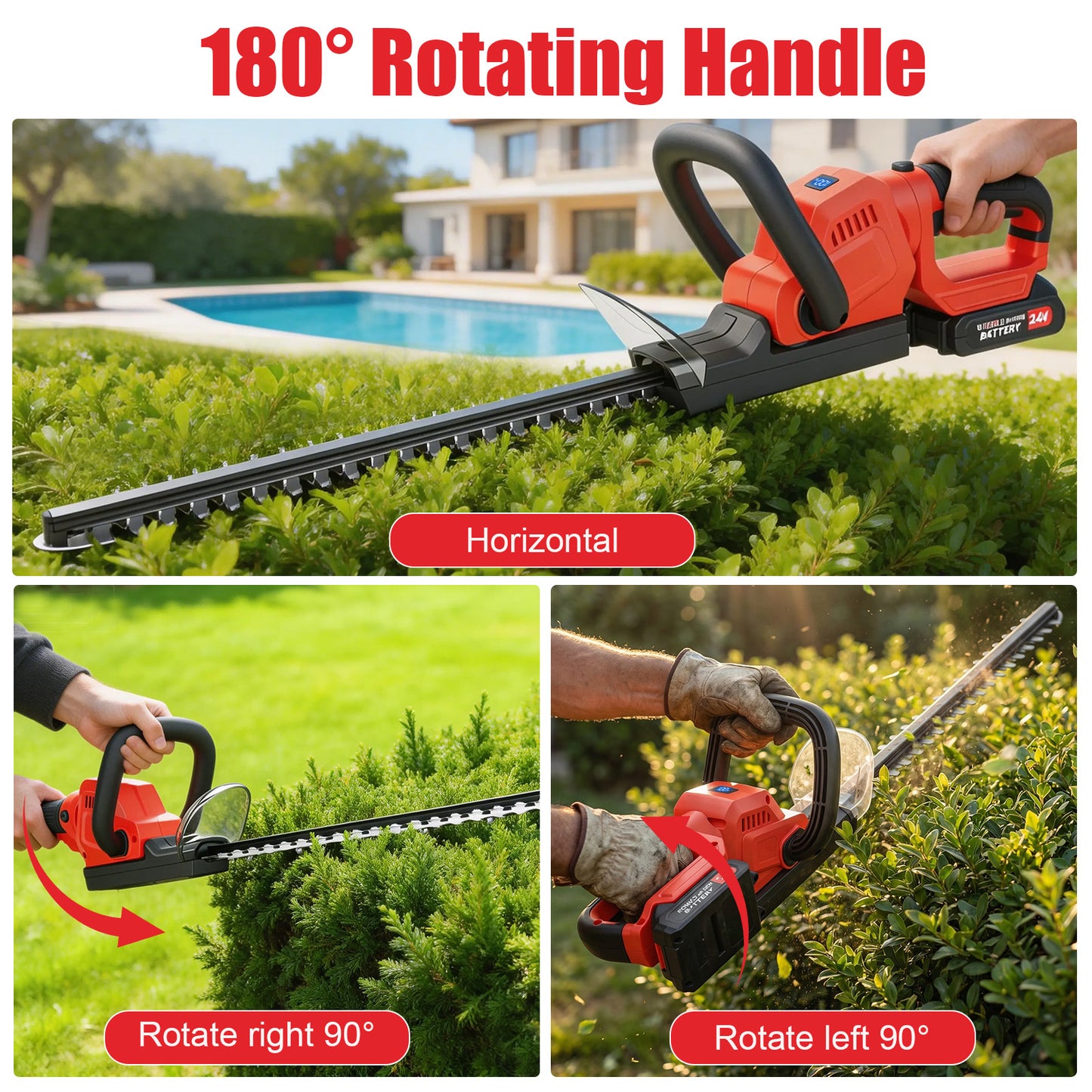 22" Cordless Hedge Trimmer with 180～ Rotatable Head, 21V Electric Bush Trimmer with 2 x 2000mAh Batteries, 1000W 24000r/min Motor, 69Mn Steel Blade for Garden Yard, Red