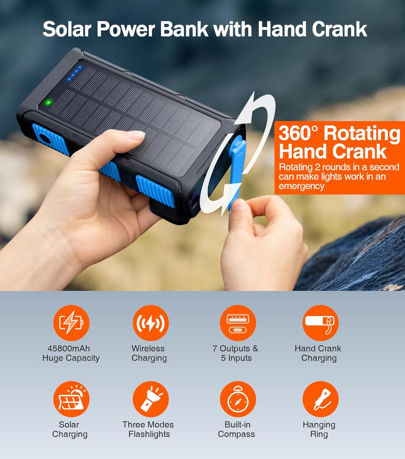 Power Bank Wireless Charger 68800mAh Built in Hand Crank and 4 Cables 15W Fast Charging Power Bank 7 Outputs & 4 Inputs Solar Portable Charger, SOS/Strobe/Strong Flashlights, Compass(Blue)