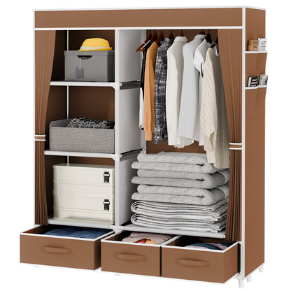BAOKALER Clothes Storage with 3 Drawers and 4 Side Pockets, Clothes Hanging Rack with Cover, 16mm Metal Tube Frame Closet Organizer for Bedroom, Living Room, Closet, Garage, Dorm, Coffee