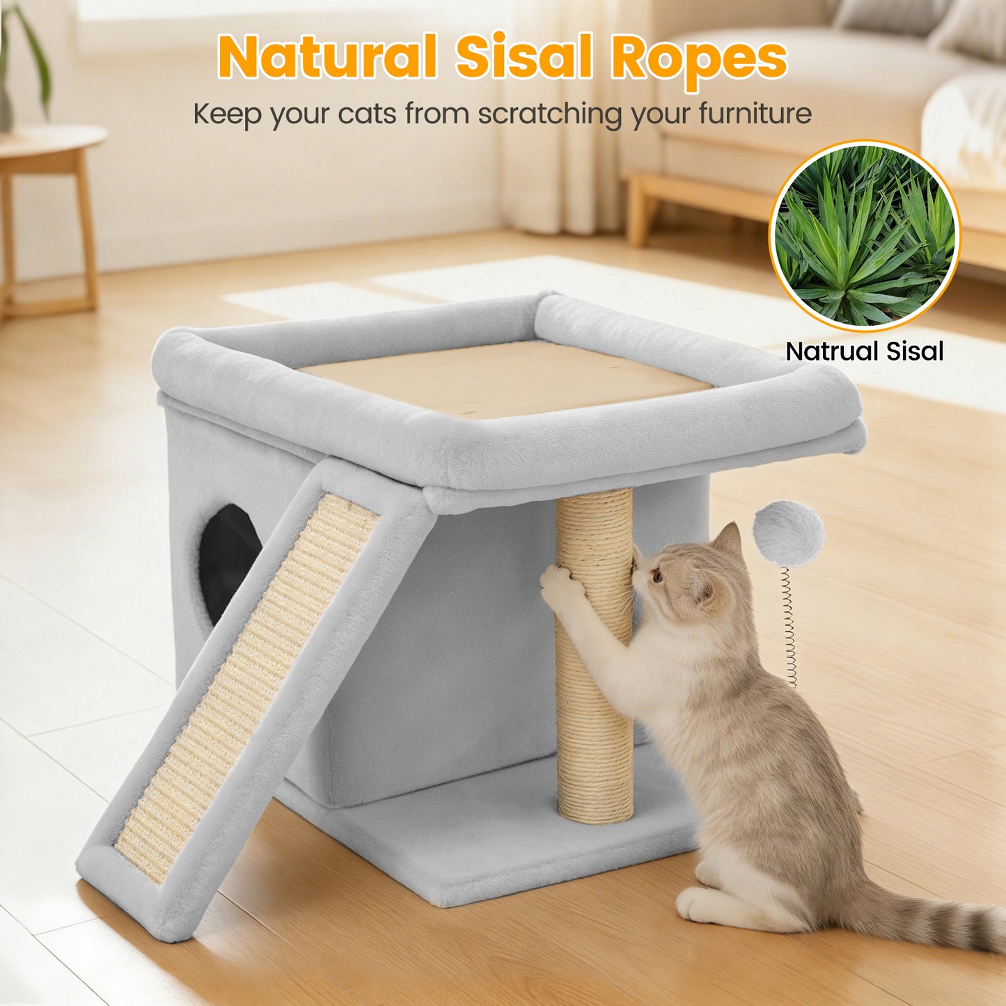 Cat Tree Tower with Perch Bed and Washable Top, Cat Tree with Sisal Scratching Posts, Condos, Plush Perches, Hanging Cat Toys, Extended Platform for Cats to Play and Sleep, Gray