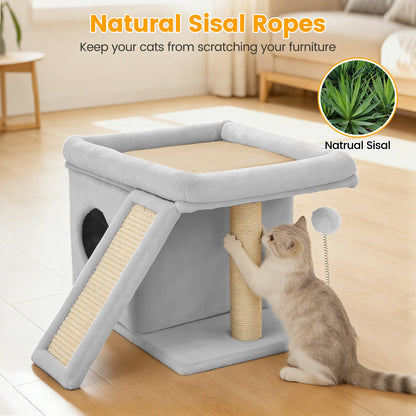 Cat Tree Tower with Perch Bed and Washable Top, Cat Tree with Sisal Scratching Posts, Condos, Plush Perches, Hanging Cat Toys, Extended Platform for Cats to Play and Sleep, Gray