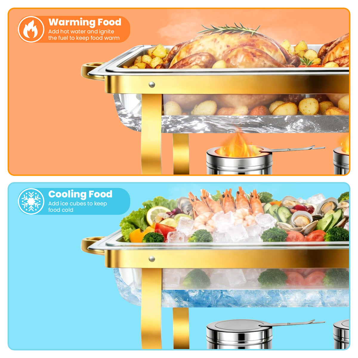 Chafing Dishes for Buffet, 9QT Roll Edge Designed Chafing Dish Buffet Set, Food Warmer W/Half Glass Lid for Parties, Birthday, Holiday Parties, Church Events (Semi-Gold)