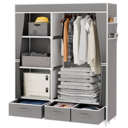 BAOKALER Wardrobe Closet Organizer with 3 Drawers and 4 Side Pockets, Non-Woven Fabric Clothes Storage for Bedroom, Living Room, Closet, Garage, Dorm, Light Gray