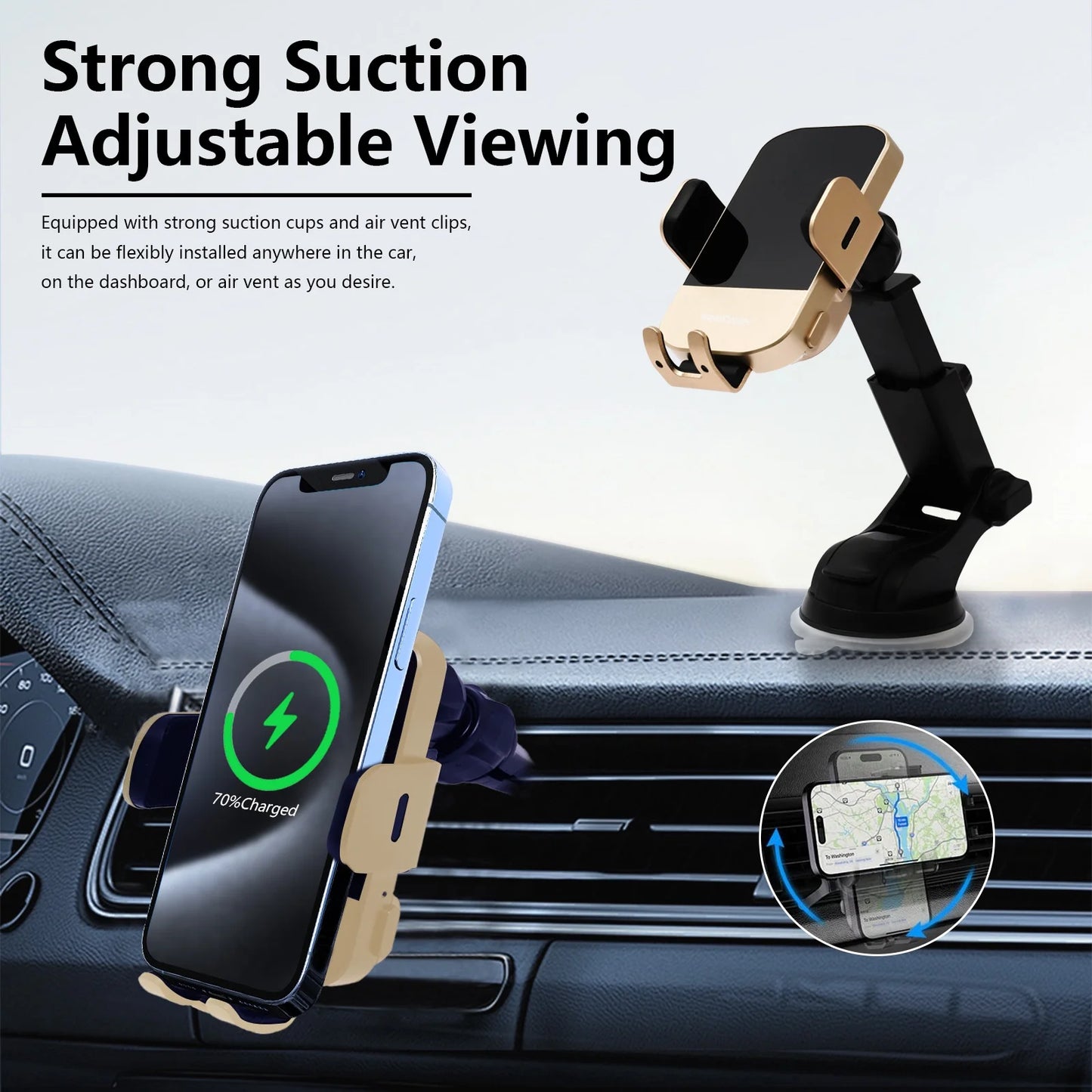 Wireless Car Charger, 15W Fast Charging Auto Clamping Phone Holders for Your Car Phone Mount for Car fit for iPhone 17 16 15 14 13 12 Pro Max 11 XR XS, Samsung Galaxy S25 Ultra S24 S23, Gold