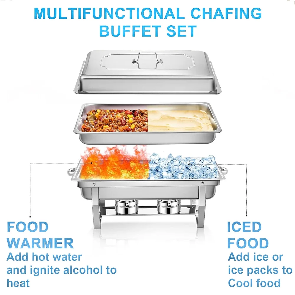4-Pack Chafing Dish Buffet Set 9 Qt, Foldable Rectangular Chafer Set, Stainless Steel Food Warmer Set W/Full Size Water Pan, Fuel Holder for Parties Cooked Food Insulation
