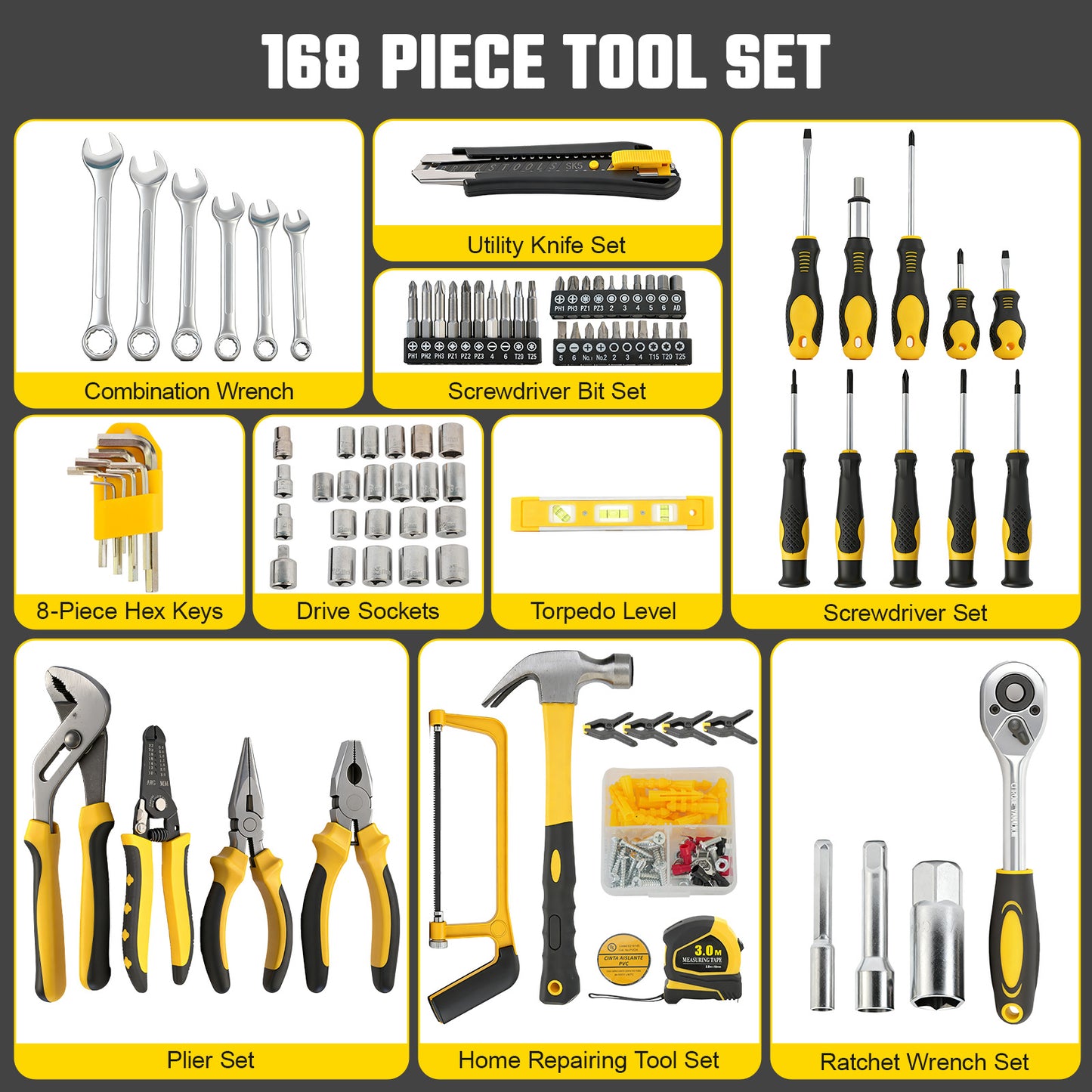 CATGOOD 168 Piece Tool Set, Household Tool Kit, Auto Repair Tool Set General Mechanic Tool Kit and Socket Set with Toolbox Storage Case