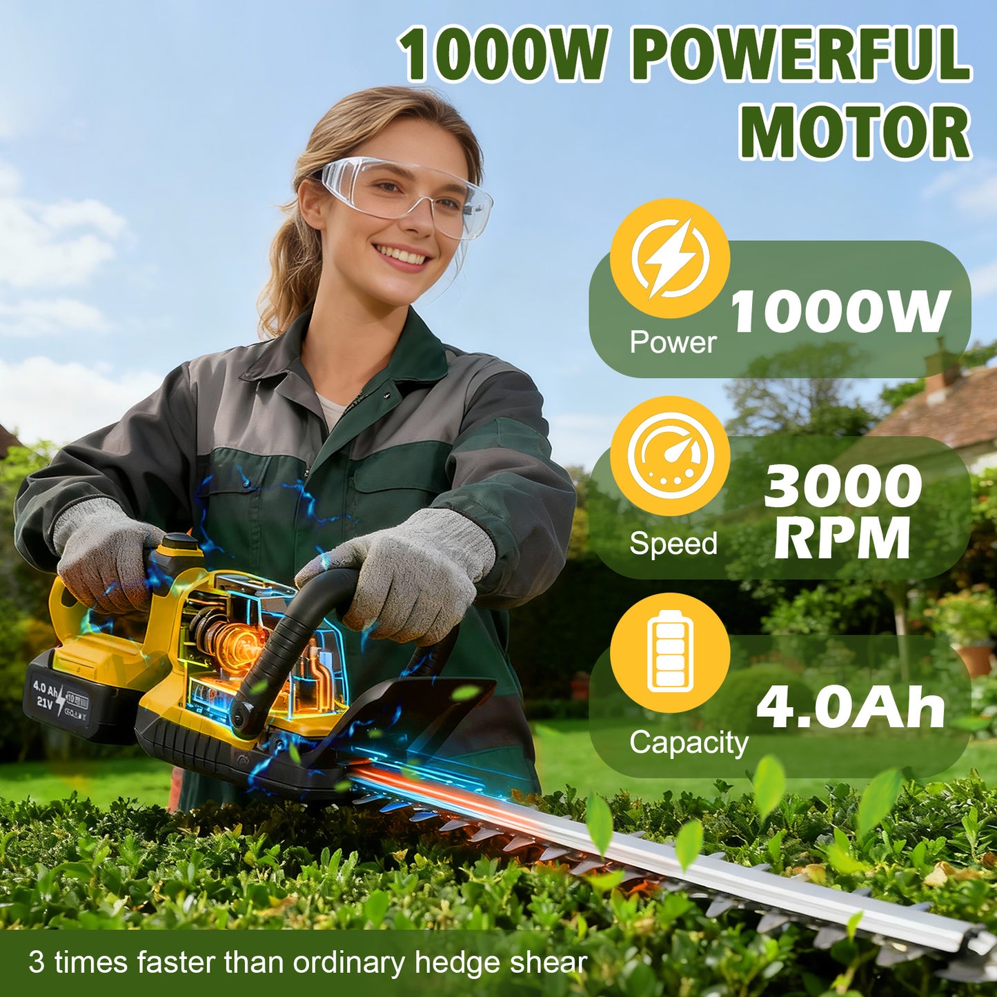Baokaler 22" Cordless Hedge Trimmer, 21V Dual Action Blade Electric Bush Shrub Trimmer, 4.0Ah Battery & Charger, Yellow