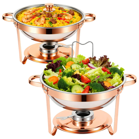 Chafing Dishes Buffet Set, 2 Pack 5.3QT Round Stainless Steel Chafer Set with Stands, Lids & Fuel Holders, Food Warmers for Parties, Catering Events, Weddings (Bright Pink Rose Gold Accents)