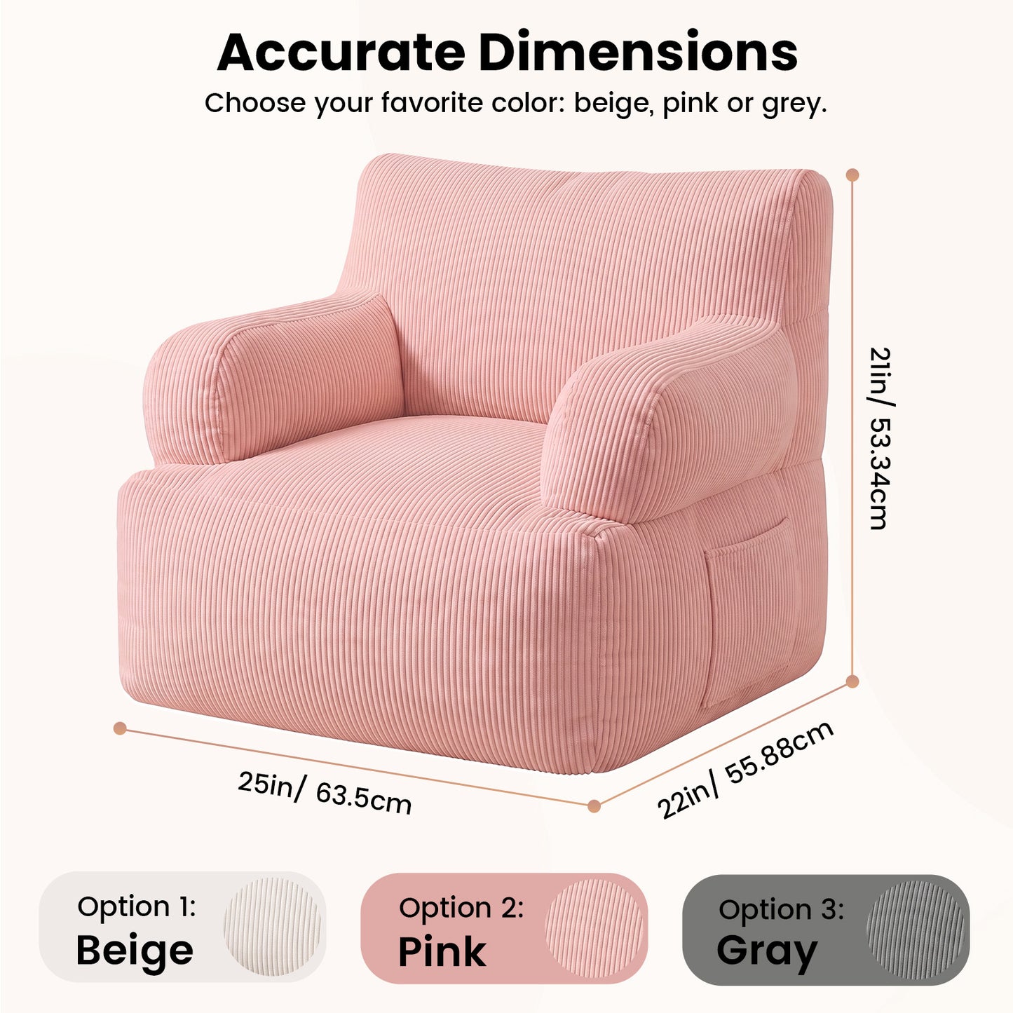 BAOKALER Kids Bean Bag Chair, Filled with Memory Foam, Toddler Kids Floor Lazy Sofa with Side Pocket, Lightweight Comfort Lounge Chair for Gaming, Reading, Relaxing, Pink